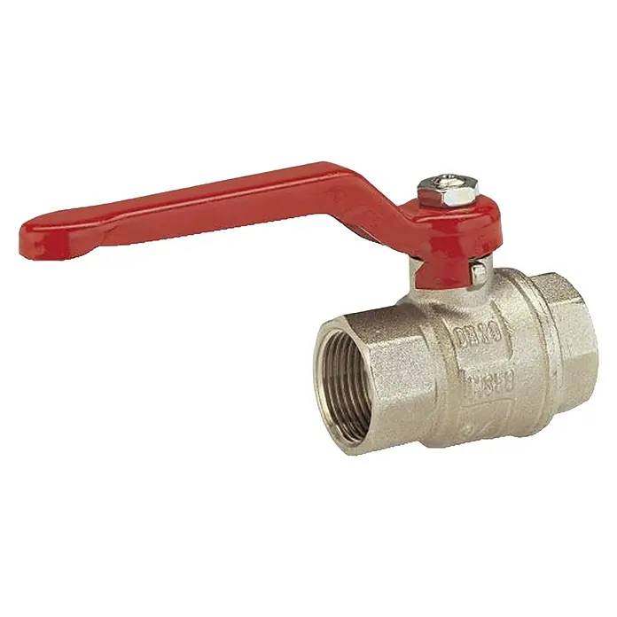Gardena Kugelhahn - Messing, Innengewinde: 26,5 mm (G ¾″) - Detailaufnahme eines Kugelhahns mit rotem Griff, der für präzise Steuerung von Flüssigkeiten in Sanitäranlagen entwickelt wurde.