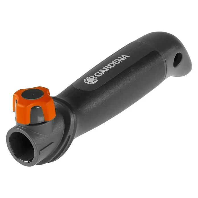 Gardena Combisystem Stiel - Passend für: Combisystem-Kleingeräte - Eine Nahaufnahme eines Gardena-Wasserhahns mit einem orangefarbenen Knopf und dem Gardena-Logo.