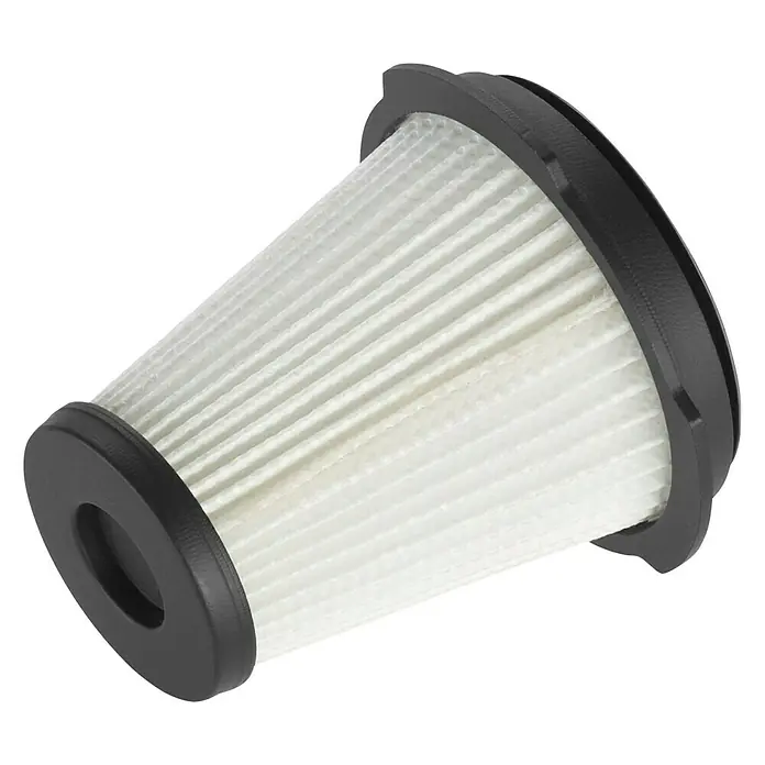 Gardena Filterelement - Passend für: Gardena Akku-Outdoorsauger EasyClean LI - Staubsaugerfilter mit einem schwarzen Rahmen und einem Kegel aus weißem, plissiertem Filtermaterial, der Staub und Partikel auffängt.