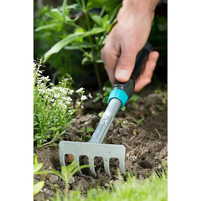 Gardena Comfort Kleingeräte-Set - 3 -tlg. - Eine Hand lockert mit einem kleinen grau-türkisen Gartenrechen die Erde bei weißen Blumen.