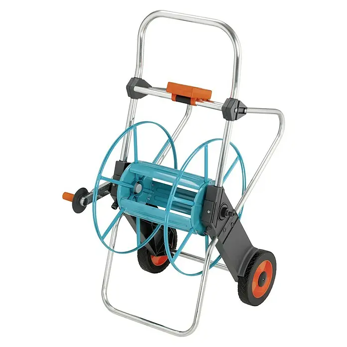 Gardena Schlauchwagen 100 - Metall, Schlauchkapazität: 100 m, 13 mm (1/2") - Gartenschlauchwagen aus Metall mit blauem Schlauchaufroller und orangefarbenen Akzenten für den einfachen Transport und die Aufbewahrung von Gartenschläuchen.