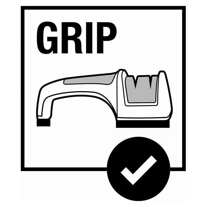 Gardena Axt- & Messerschärfer - Länge: 190 mm - Abbildung eines Grip-Produkts, das einen sicheren Halt garantiert, dargestellt mit einer klaren grafischen Darstellung und einem Häkchensymbol.