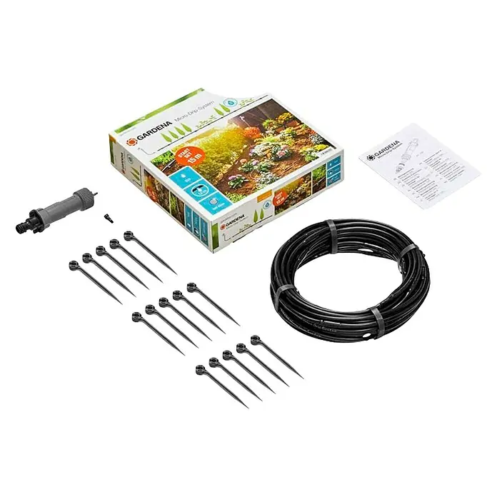 Gardena Micro-Drip Bewässerungs-Set Pflanzreihen Start-Set - Passend für: Pflanzreihen bis 15 m, Anwendungsbereich: Außen - Gardena Micro-Drip-System Start Set Pflanztöpfe mit Zubehör für die Bewässerung von Topfpflanzen auf Balkonen und Terrassen.