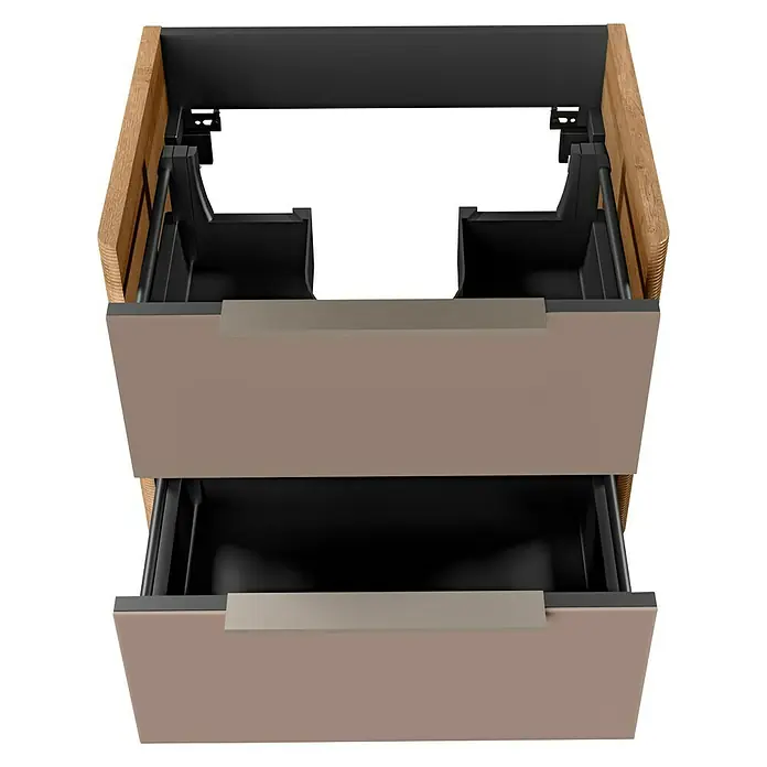 Camargue Marea Badmöbel-Set - Gesamtbreite Badmöbel: 60 cm, Goldbronze - Schubladenmöbelstück mit zwei offenen Schubladen aus Holz und Metall. Das Innenleben ist schwarz, die Schubladen sind braun.