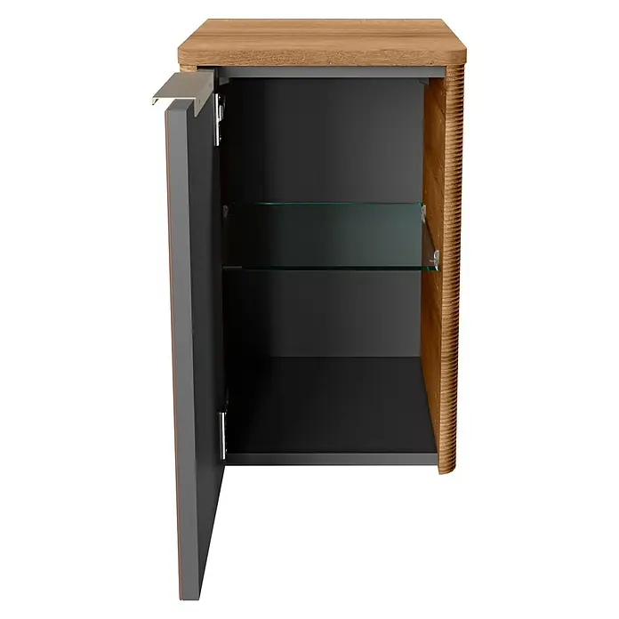 Camargue Marea Unterschrank - 31 x 34,5 x 49,4 cm, DIN Anschlag: Links, Goldbronze - Offener Badezimmerschrank mit Holzakzenten und Glasregal. Der Schrank hat eine moderne, graue Tür und bietet praktischen Stauraum.