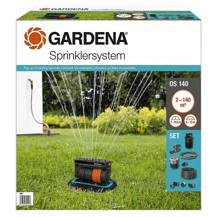 Gardena Sprinklersystem Viereckregner OS 140 Komplettset - Max. Regnerfläche: 140 m², 10 -tlg. - Abbildung des GARDENA OS 140 Sprinklersystem, ein Viereckregner mit einer Reichweite von 2 bis 140 m², ideal für die Gartenbewässerung.