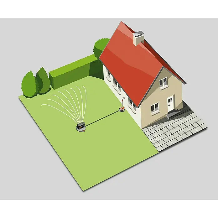 Gardena Sprinklersystem Viereckregner OS 140 Komplettset - Max. Regnerfläche: 140 m², 10 -tlg. - Das Bild zeigt einen Gardena-Rasensprenger, der den Rasen vor einem Haus mit rotem Dach bewässert. Die Anlage verfügt über verschiedene Einstellungen.