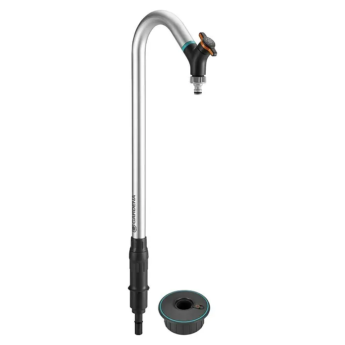Gardena Sprinklersystem Wasserhahn - Metall - Das Bild zeigt einen silbernen Gardena Wasserhahn mit schwarzem Griff und einer Basis für den Garten, ideal für die Bewässerung.