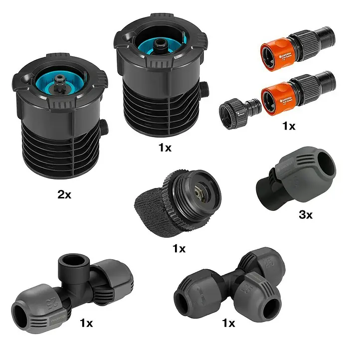 Gardena Sprinklersystem Bewässerungs-Set Pipeline Start-Set - 9 -tlg. - Bild eines Gardena Micro-Drip-System-Zubehörsets mit verschiedenen Verbindungsstücken, Filtern und Regnern für die Gartenbewässerung.