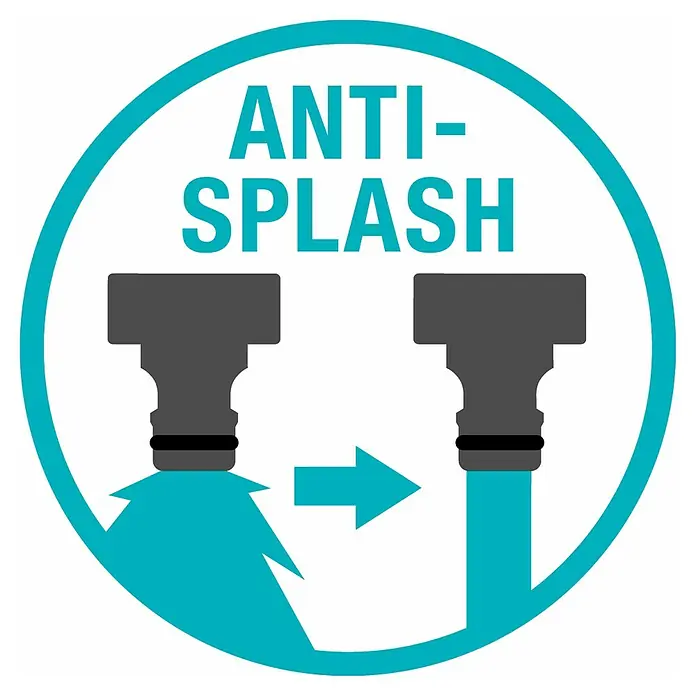 Gardena Sprinklersystem Wasserhahn - Metall - Symbol für Anti-Spritz-Technologie. Ein Symbol, das Anti-Spritz-Funktionen bei Armaturen und Düsen hervorhebt.
