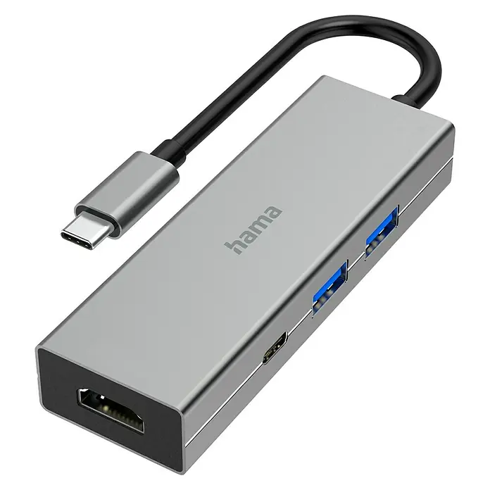 Hama Conector USB 4 puertos - Gris, L x An x Al: 3,3 x 10 x 1,7 cm - Hub USB-C de Hama con puertos para HDMI, USB y más. Ideal para ampliar la conectividad de portátiles y tabletas.