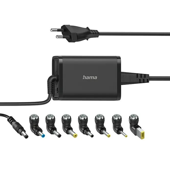 Hama Ladegerät 00200002 15-19V/65W - Schwarz, L x B x H: 3,1 x 5,5 x 1,2 cm - Das Hama Universal-Netzteil für Laptops mit diversen Adaptern bietet vielseitige Einsatzmöglichkeiten und zuverlässige Stromversorgung für unterwegs.
