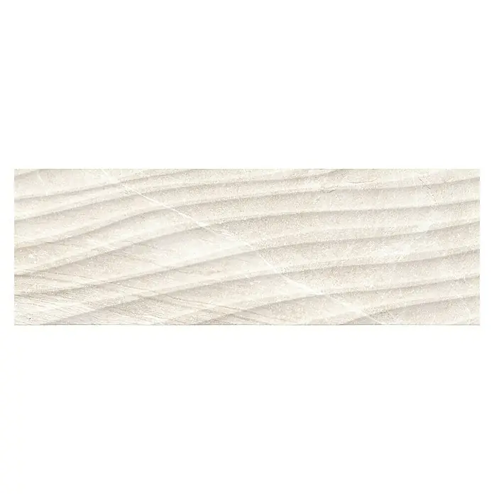 Halcón Revestimiento de pared Tempo Curve - 30 x 90 cm, Cotton, Mate, Rectificado - Primer plano de un azulejo de pared beige con una textura ondulada, que muestra un diseño moderno y elegante para espacios interiores.