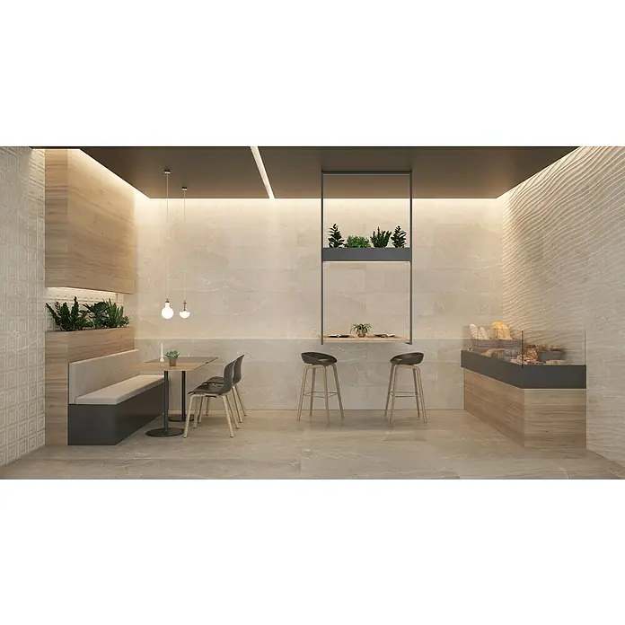 Halcón Revestimiento de pared Tempo Curve - 30 x 90 cm, Cotton, Mate, Rectificado - Interior de cafetería moderno con detalles de madera, plantas y asientos elegantes para un ambiente acogedor.
