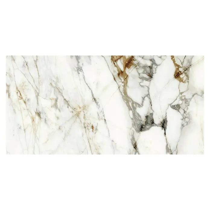 Halcón Pavimento porcelánico Barnaby - 60 x 120 cm, Blanco, Brillante, Rectificado, Espesor: 9 mm - Losa de mármol con vetas blancas y marrones. Diseño elegante para interiores modernos, ideal para encimeras o pavimentos.