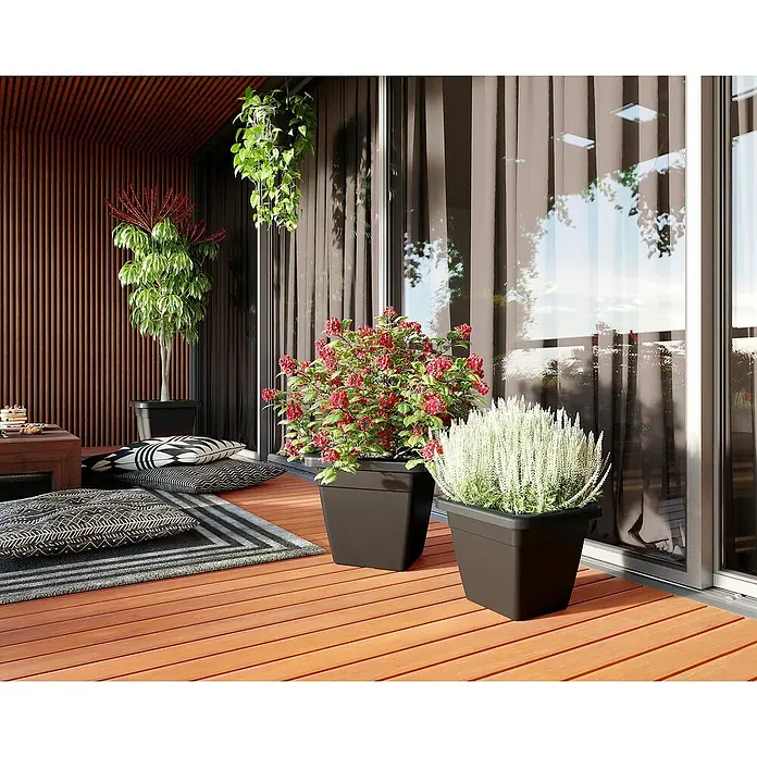 Artevasi Venezia Pflanzkasten - Außenmaß (L x B x H): 30 x 30 x 26 cm, Kunststoff, Anthrazit - Einladende Terrasse mit stilvollen Pflanzkästen, üppigen Pflanzen und gemütlichen Sitzkissen für entspannte Stunden im Freien.