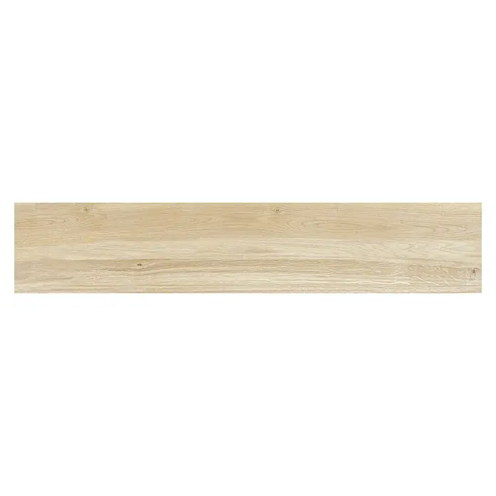 Pavimento porcelánico Baltimore - 120 x 23,3 cm, Beige, Mate - Primer plano de un panel de madera de roble claro con veta visible, ideal para muebles o suelos.