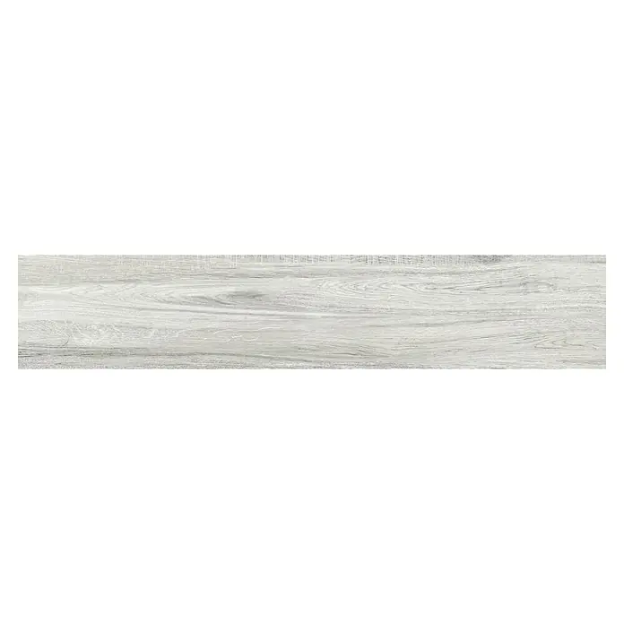 Pavimento porcelánico Baltimore - 120 x 23,3 cm, Gris, Mate - La imagen muestra una tabla de madera rectangular y alargada con un distintivo patrón de grano gris claro. La textura añade un aspecto natural a la superficie.