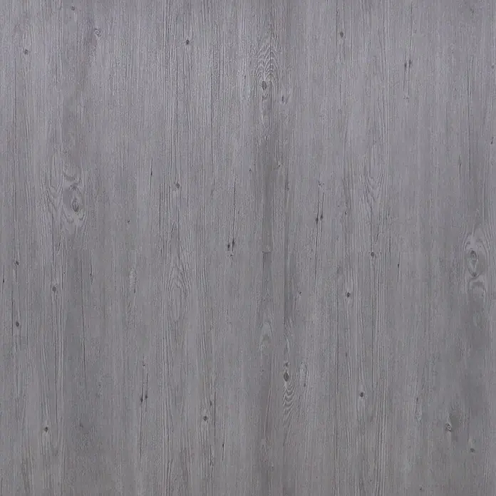 Suelo vinílico SPC Roble Arunda - 1.220 x 180 x 5,5 mm, Gris, Resistente al agua - Primer plano de una textura de madera gris con vetas, ideal para fondos y texturas.