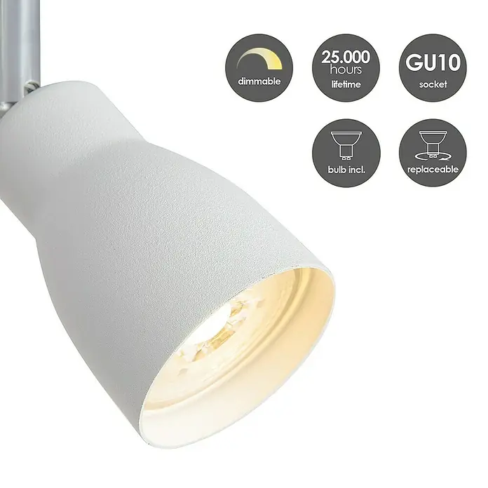 Home Sweet Home LED-Wandstrahler Alba - 5,8 W, Weiß, Warmweiß, Anzahl Leuchtmittel: 4 Stk. - Nahaufnahme einer weißen GU10-Lampe mit Informationen zu Dimmbarkeit, Lebensdauer, Fassung, Inklusive und Austauschbarkeit der Glühbirne.