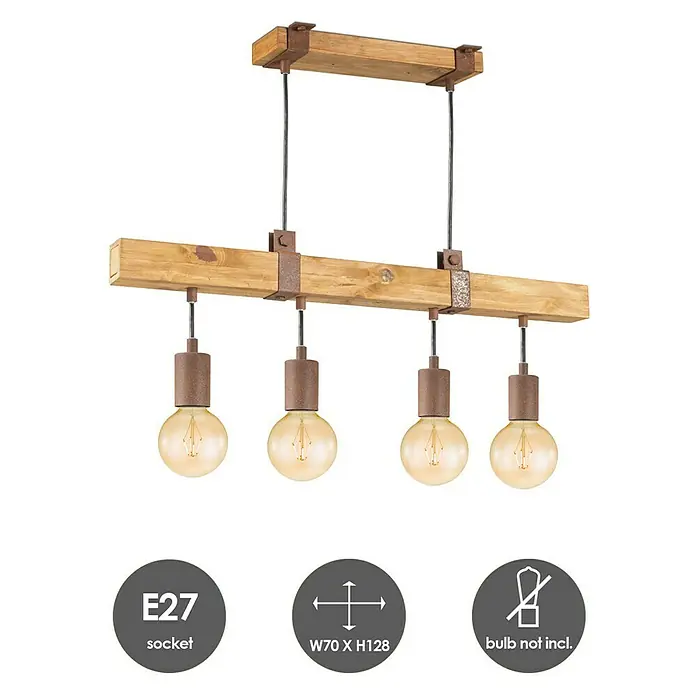 Home Sweet Home Pendelleuchte Denton - Höhe: 70 cm - Hängeleuchte mit vier Lampen an einem Holzbalken, ideal für rustikale Einrichtungen. Die E27 Fassungen werden ohne Leuchtmittel geliefert.