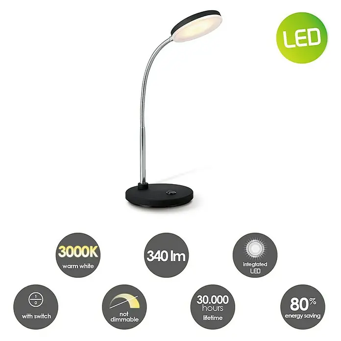 LED-Tischleuchte Polly - 5,5 W, L x B x H: 14 x 14 x 28 cm, Schwarz, Warmweiß - Eine LED-Schreibtischlampe in Schwarz und Silber. Sie bietet warmweißes Licht, ist energiesparend und nicht dimmbar.