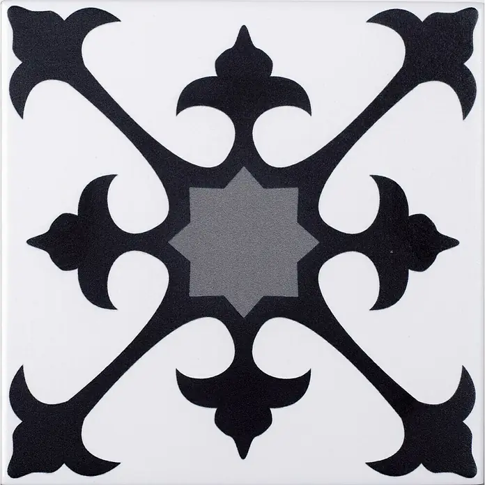 Modern Style Feinsteinzeugfliese Mistral - 15 x 15 cm, Schwarz/Grau, Matt - Keramikfliese mit geometrischem Muster in Schwarz, Grau und Weiß. Dekoratives Element für Wand- und Bodengestaltung mit stilvollem Design.