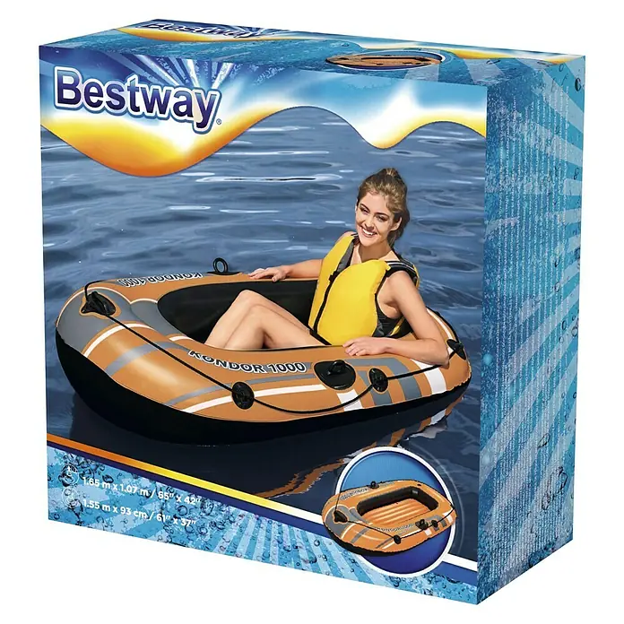 Bestway Hydro Force Bote hinchable Kondor 1000-61099 - L x An x Al: 1,55 m x 93 cm x 30 cm, Apto para: 1 persona, Carga útil: 80 kg - Embalaje de la lancha inflable Bestway Kondor 1000 con una mujer con chaleco salvavidas en la lancha.