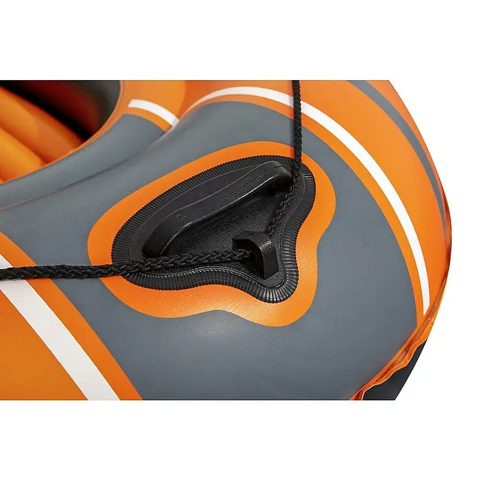 Bestway Hydro Force Bote hinchable Kondor 1000-61099 - L x An x Al: 1,55 m x 93 cm x 30 cm, Apto para: 1 persona, Carga útil: 80 kg - Primer plano de un bote inflable naranja y gris con asa y cuerda, perfecto para deportes acuáticos y actividades de ocio.