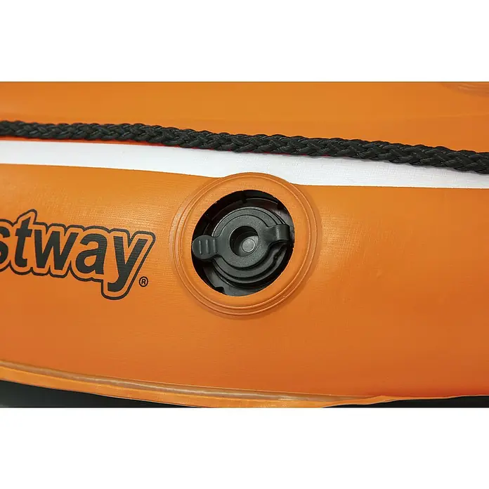 Bestway Hydro Force Bote hinchable Kondor 1000-61099 - L x An x Al: 1,55 m x 93 cm x 30 cm, Apto para: 1 persona, Carga útil: 80 kg - Primer plano de un producto naranja Bestway con válvula y cordón negros. Su diseño robusto asegura durabilidad y fiabilidad.