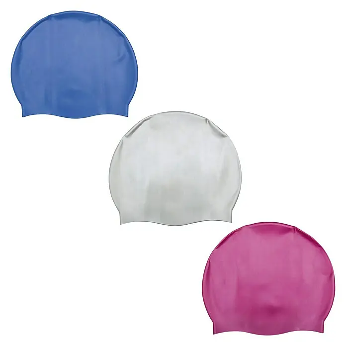 Bestway Gorro de baño Glide - Plástico, Específico para: Niños mayores de 14 años - Tres gorros de natación en azul, blanco y rosa sobre fondo negro.