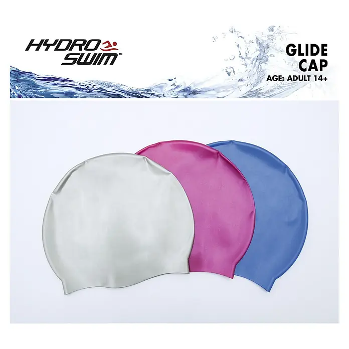 Bestway Gorro de baño Glide - Plástico, Específico para: Niños mayores de 14 años - Tres gorros Hydro Swim Glide en plata, rosa y azul, perfectos para adultos de 14+ para piscina o entrenamiento.