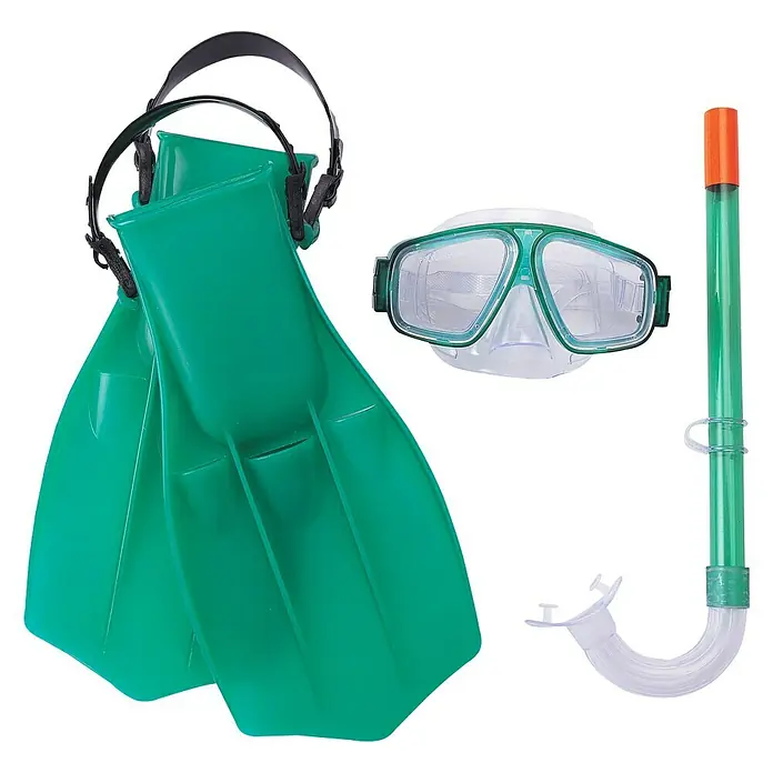 Bestway Set de buceo Aviator - Específico para: Niños de entre 7 y 14 años, 3 pzs. - Primer plano de un conjunto de esnórquel con aletas de natación verdes, gafas de buceo y un tubo de esnórquel con punta naranja.