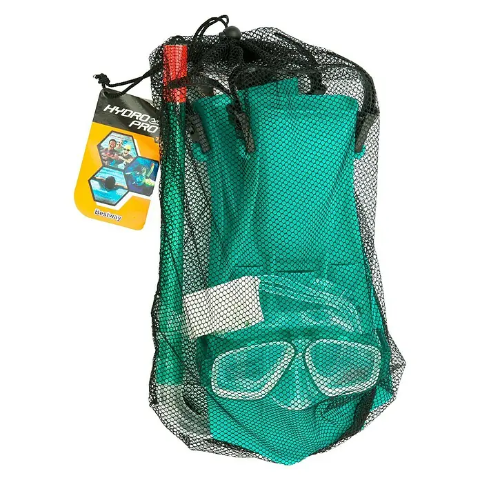 Bestway Set de buceo Aviator - Específico para: Niños de entre 7 y 14 años, 3 pzs. - Un conjunto de snorkel Hydro-Pro verde de Bestway en una bolsa de malla, ideal para aventuras submarinas.