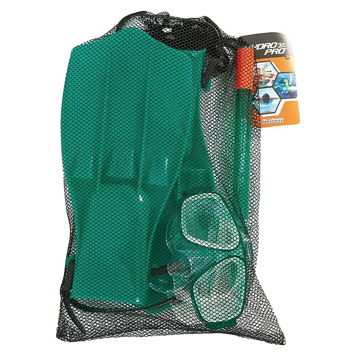 Bestway Set de buceo Aviator - Específico para: Niños de entre 7 y 14 años, 3 pzs. - Imagen de un conjunto de natación Hydro-Pro de Bestway en una bolsa de malla negra, que incluye una máscara de buceo y aletas.