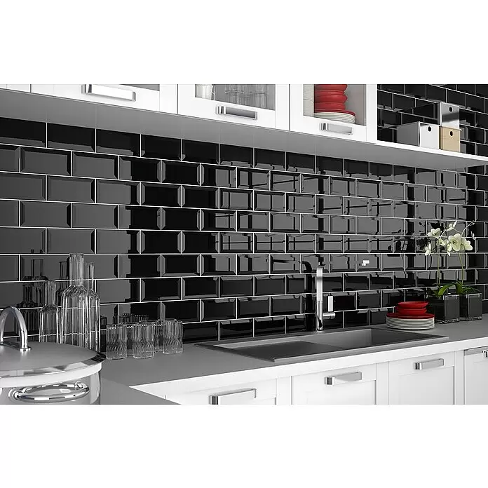 Modern Style Wandfliese Manhattan Biselado Negro - 7,5 x 15 cm, Schwarz, Glänzend - Stimmungsaufnahme