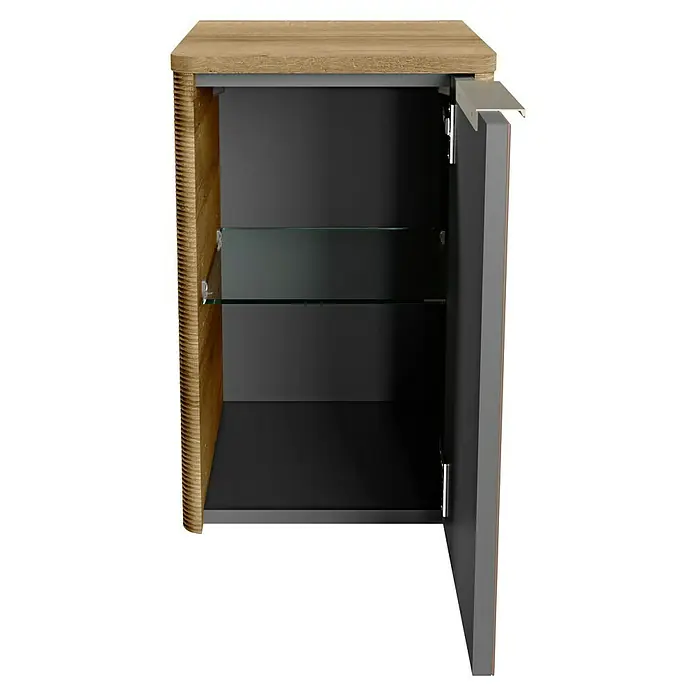 Camargue Marea Unterschrank - 31 x 34,5 x 49,4 cm, DIN Anschlag: Rechts, Goldbronze - Ein offener Spiegelschrank mit Holzelementen und Glasablagen, der einen Blick auf sein graues Inneres und die Türscharniere gewährt.