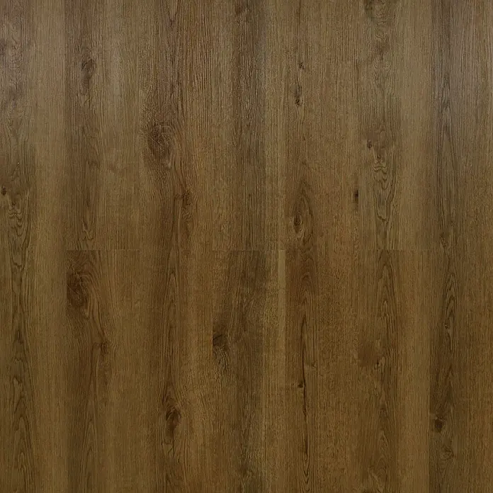 Suelo vinílico SPC Roble Braga - 1.220 x 180 x 5,5 mm, Marrón, Resistente al agua - Primer plano de baldosas de suelo de madera con un color marrón cálido y un grano que imita la textura de la madera real.