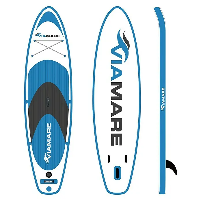 Viamare Juego de paddle surf 300 S - L x An x Al: 300 x 75 x 15 cm, Carga útil: 120 kg, Hinchable, Azul/Blanco - Imagen de una tabla de paddle surf hinchable VIA MARE con un diseño azul y blanco.