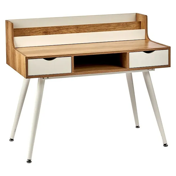 Mesa de escritorio con portalibros - L x An x Al: 60 x 110 x 92 cm, Blanco, Número de cajones: 2 ud., Número de compartimentos: 3 ud. - Elegante escritorio de madera con detalles en blanco. El escritorio tiene cajones y patas de diseño moderno.