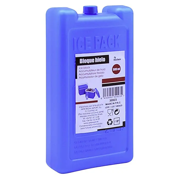 Acumulador de frío - 500 ml - Bolsa de hielo azul con etiqueta, ideal para picnics y mantener la comida fresca.