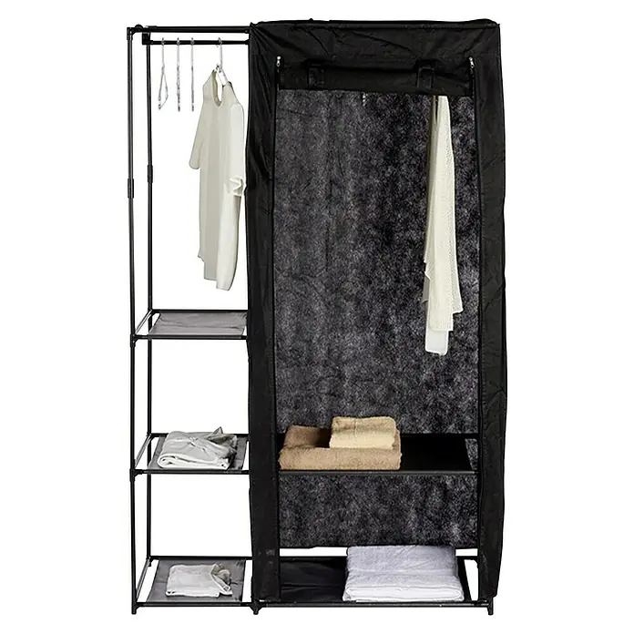Armario de tela Combinado - L x An x Al: 43 x 105 x 172 cm, Barra para colgar, Negro - Perchero con ropa y estantes para almacenamiento adicional. El armario portátil es una solución práctica para guardar ropa.