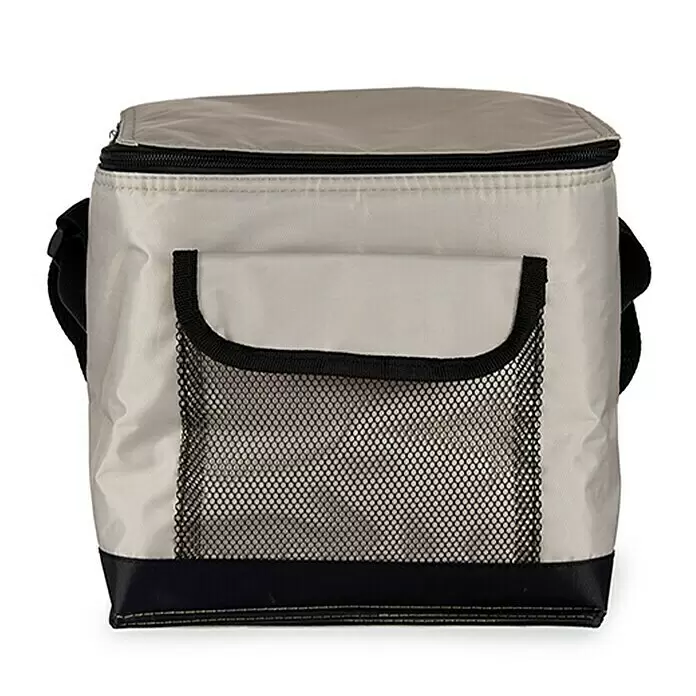 Nevera portátil - Gris/Azul/Beige, 9 l - Nevera portátil gris claro con base negra, cremallera y bolsillo frontal de malla, para mantener alimentos y bebidas fríos.