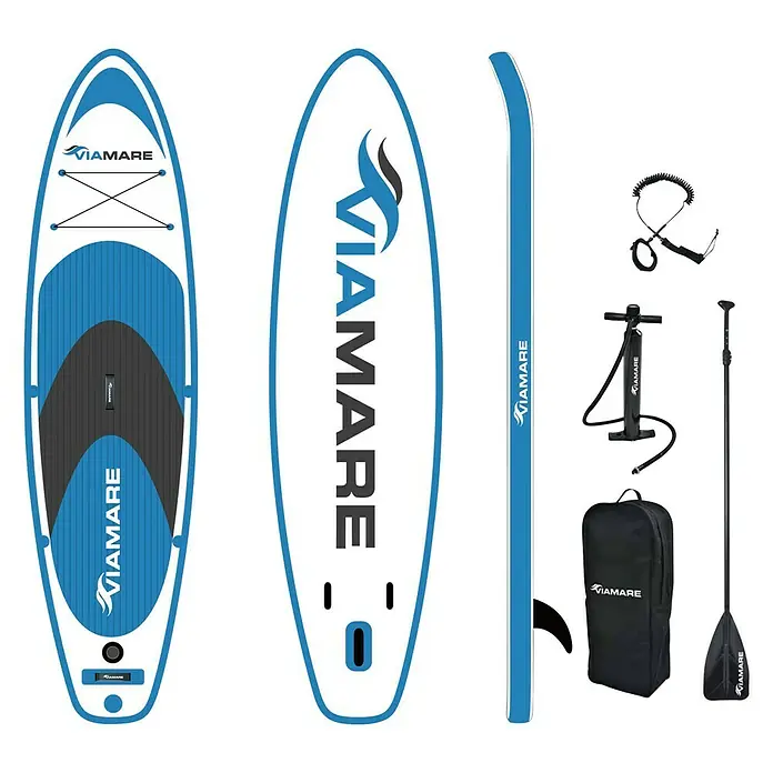 Viamare Juego de paddle surf 300 S - L x An x Al: 300 x 75 x 15 cm, Carga útil: 120 kg, Hinchable, Azul/Blanco - Ilustración de una tabla de paddle surf VIAMARE con accesorios como remo, bomba y bolsa de transporte. Ideal para los amantes de los deportes acuáticos que buscan un juego completo.