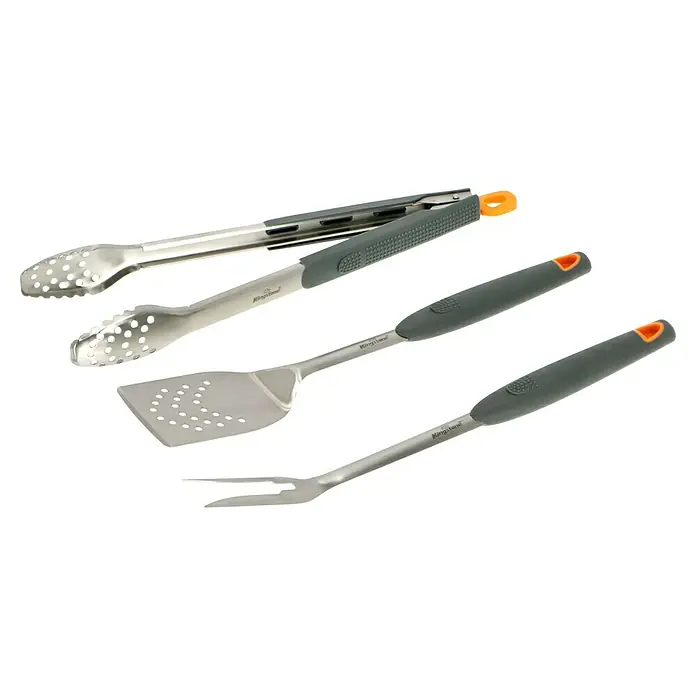 Kingstone Grillbesteck Set - 3 -tlg. - BBQ-Set mit Grillzange, Wender und Gabel mit grauen Griffen und orangefarbenen Akzenten. Ideal für Grillabende.