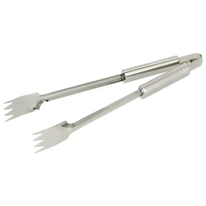Grillstar Grillbesteck Set - 3 -tlg., Edelstahl - Nahaufnahme einer silbernen Servierzange mit filigranen Zinken zum Greifen von Speisen, ideal für Buffet und Küche.