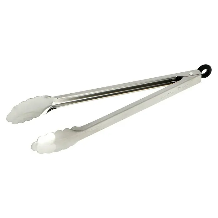 Grillstar Grillzange - Länge: 34 cm - Bild einer glänzenden, silbernen Küchenzange mit gezackten Enden und einem Verriegelungsmechanismus für die einfache Aufbewahrung.