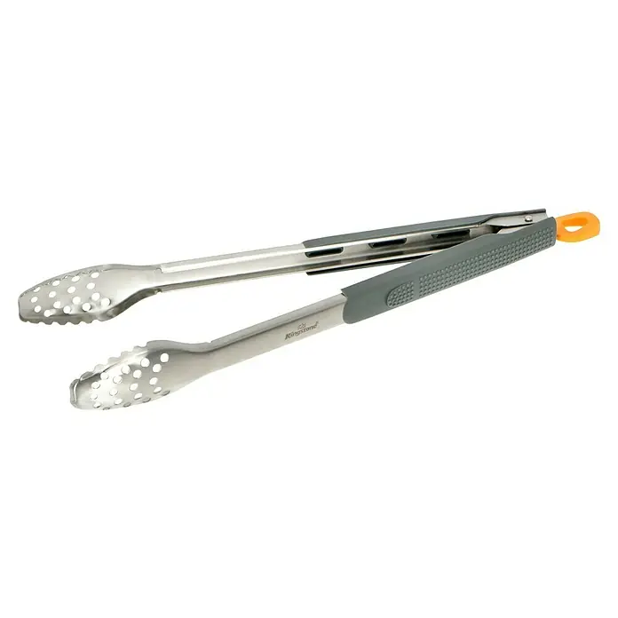 Kingstone Grillbesteck Set - 3 -tlg. - Grillzange aus Edelstahl mit grauem Griff und orangefarbener Aufhängöse, ideal zum Wenden von Grillgut.