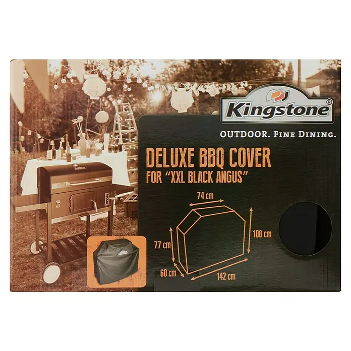 Kingstone Funda protectora para barbacoa para Black Angus XXL - Plástico, Ahumador Kingstone Black Angus XXL - Embalaje para la cubierta de barbacoa Kingstone Deluxe para parrillas "XXL Black Angus", con detalles de tamaño y logotipo de la marca.