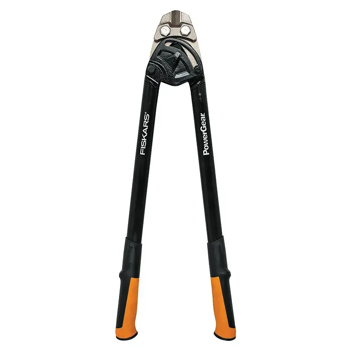 Fiskars PowerGear Bolzenschneider - Länge: 61 cm - Eine Astschere der Marke Fiskars PowerGear mit schwarzen Griffen und orangefarbenen Enden, ideal für den Garteneinsatz.